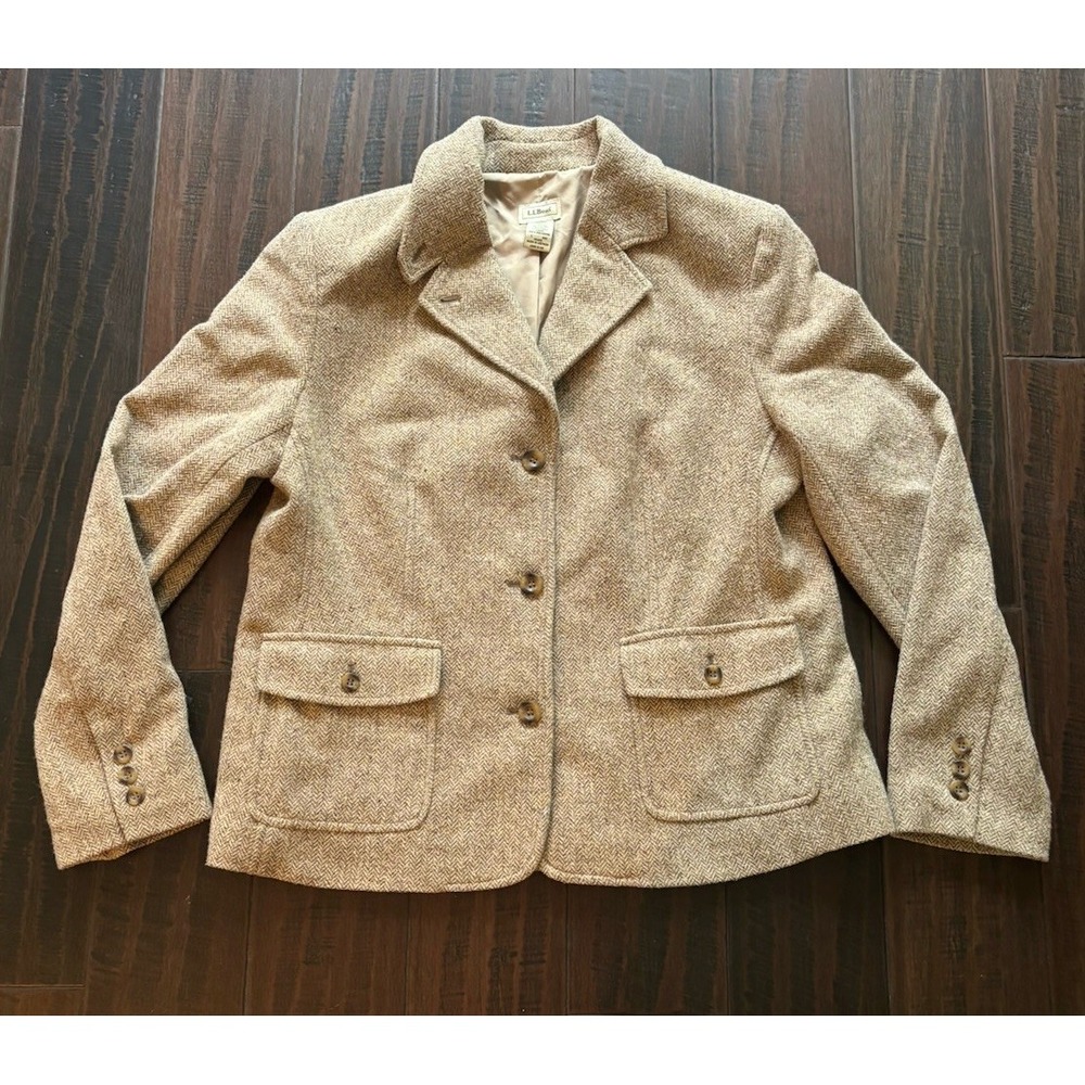 LL Bean Blazer Womens L Wool Silk Blend Herringbone Tan Brown Equestrian Preppy